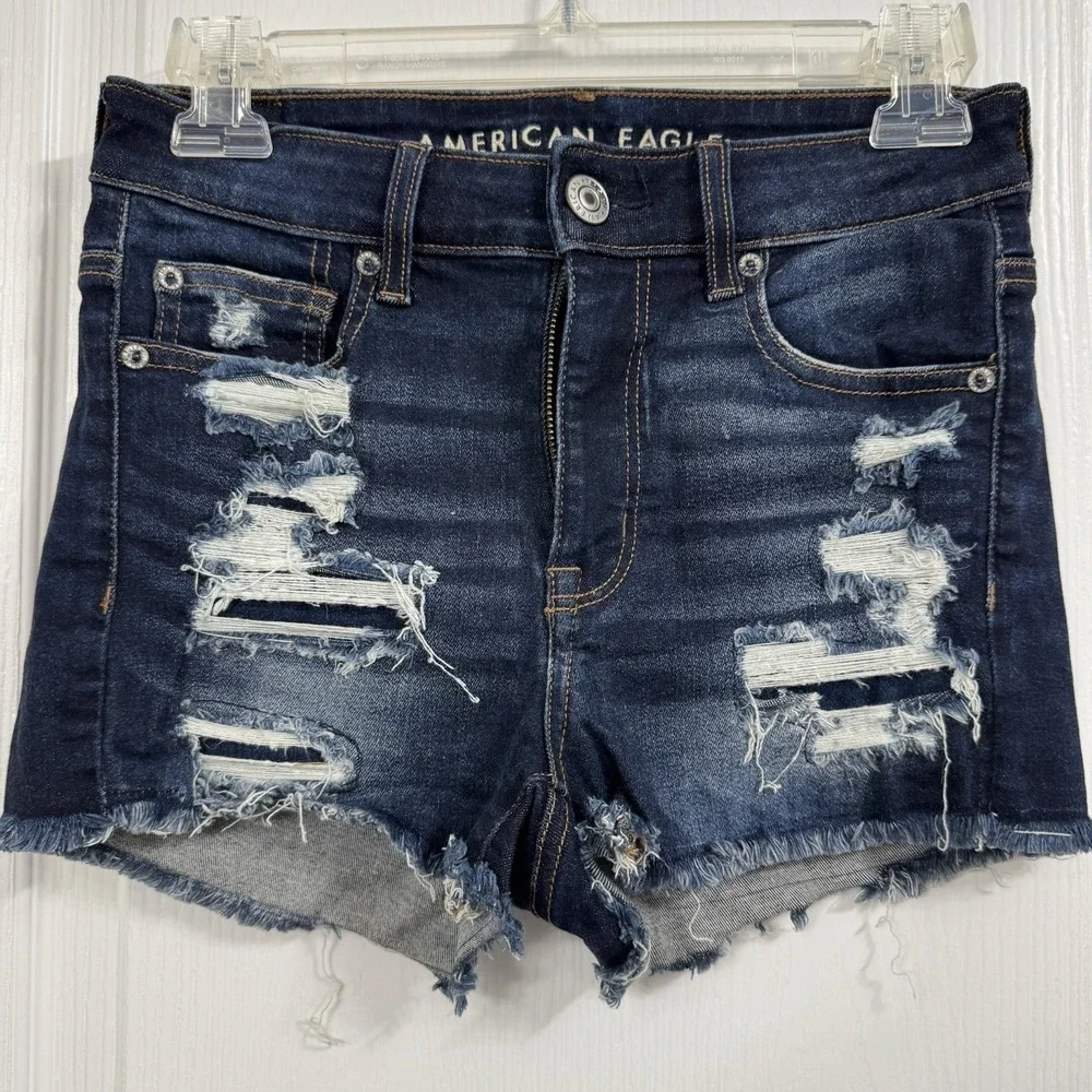 American Eagle Hi Rise Shortie Shorts Women's Size 2 Distressed‎ Jean Denim